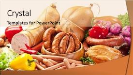  Presentation with meat - Presentation theme enhanced with variety of sausage products background and a lemonade colored foreground