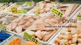  Presentation with market food - PPT theme with variety of sea food on market's counter background and a coral colored foreground