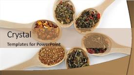  Presentation with tea variety - PPT theme featuring variety of tea leaves in wooden spoons isolated on white background and a coral colored foreground