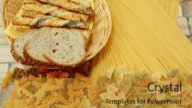  Presentation with salty - Colorful slide deck enhanced with variety of types and shapes of italian pasta dry pasta background with slice of bread and salty sticks backdrop and a gold colored foreground