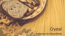  Presentation with salty - Amazing PPT theme having variety of types and shapes of italian pasta dry pasta background with slice of bread and salty sticks backdrop and a yellow colored foreground