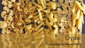  Presentation with shapes - Slide deck with variety of types and shapes of italian pasta dry pasta background background and a gold colored foreground