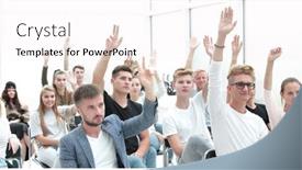  Presentation with questions - Presentation theme featuring variety-of-young-people-ask background and a white colored foreground