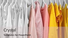  Presentation with clothing wooden clothes hanger object - PPT theme enhanced with variety show - collection of clothes hanging background and a soft green colored foreground