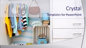  Presentation with clothing wooden clothes hanger object - Cool new slide set with variety show - collection of clothes hanging backdrop and a sky blue colored foreground