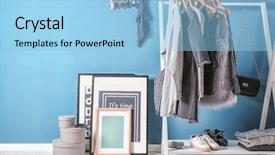  Presentation with clothing wooden clothes hanger object - Presentation theme having variety show - collection of clothes hanging background and a light blue colored foreground