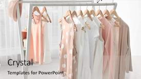  Presentation with clothing wooden clothes hanger object - Presentation theme enhanced with variety show - collection of clothes hanging background and a soft green colored foreground