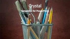  Presentation with metal accessories - Presentation theme with various artist's tools and accessories in metal container over dark red background background and a tawny brown colored foreground