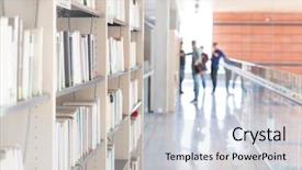  Presentation with university library - Audience pleasing PPT theme consisting of various books arranged on shelf backdrop and a light gray colored foreground