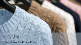  Presentation with cable - Audience pleasing slide deck consisting of various cable knit sweaters or pullovers on hanger rack in a clothes store or at a wardrobe selective focus backdrop and a light blue colored foreground