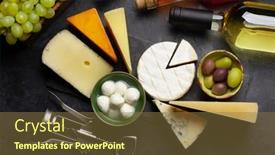  Presentation with wine cheese - Slide deck consisting of various-cheese-olives-grapes background and a tawny brown colored foreground
