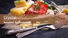  Presentation with mushrooms - Presentation theme featuring various-cheeses-salami-and-mushrooms background and a coral colored foreground