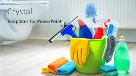  Presentation with floor care and cleaning services - Cool new slide deck with various-cleaning-items-and-supplies backdrop and a sky blue colored foreground