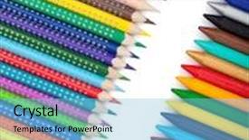  Presentation with color pencils - Cool new PPT theme with various color pencils and markers isolated on white background backdrop and a light blue colored foreground