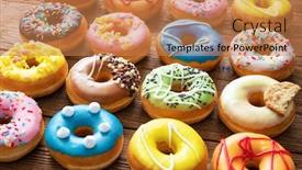  Presentation with donuts - Amazing PPT theme having various-colorful-donuts-on-wooden backdrop and a coral colored foreground