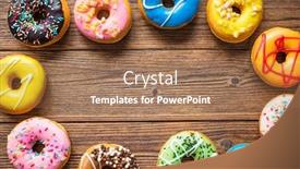  Presentation with donuts - Audience pleasing PPT theme consisting of various-colorful-donuts-on-wooden backdrop and a coral colored foreground