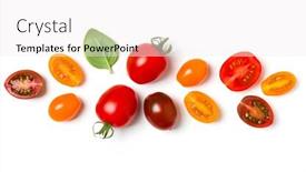  Presentation with leaves flat lay - Slides with various colorful tomatoes and basil leaves isolated over white background top view flat lay creative layout background and a white colored foreground