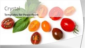  Presentation with leaves flat lay - Presentation consisting of various-colorful-tomatoes-and-basil background and a white colored foreground