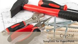  Presentation with construction tools - PPT theme consisting of various construction tools and blueprint of the house background and a mint green colored foreground
