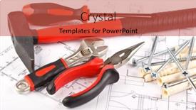  Presentation with construction tools - Colorful PPT theme enhanced with various construction tools and blueprint of the house backdrop and a red colored foreground