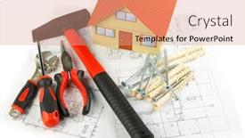  Presentation with construction tools - PPT theme consisting of various construction tools and blueprint of the house background and a coral colored foreground