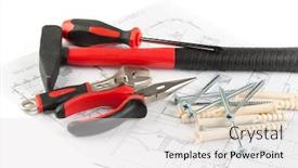  Presentation with construction tools - Presentation theme enhanced with various construction tools and blueprint of the house background and a white colored foreground