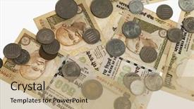  Presentation with stacks of rupee coins - Presentation theme having devanagari close up - coins of various countries background and a coral colored foreground