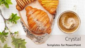  Presentation with cup coffee - Presentation design enhanced with various-croissants-and-coffee-cup background and a coral colored foreground