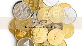  Presentation with bitcoins - Slide deck with various digital cryptocurrency litecoins ethereum and bitcoins background and a coral colored foreground