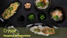  Presentation with shrimp - Slide set having various-dishes-of-asian-cuisine background and a tawny brown colored foreground