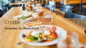  Presentation with bistro - Audience pleasing slides consisting of various-dishes-on-a-table backdrop and a coral colored foreground