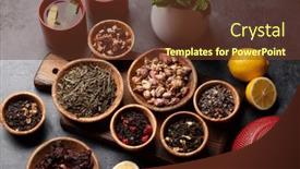  Presentation with black tea - Presentation design having various-dried-tea-and-teapot background and a tawny brown colored foreground