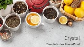 Presentation with black tea - Theme enhanced with various-dried-tea-mint background and a light gray colored foreground