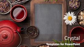  Presentation with herbal - Colorful presentation design enhanced with various-dry-herbal-tea-teapot backdrop and a tawny brown colored foreground