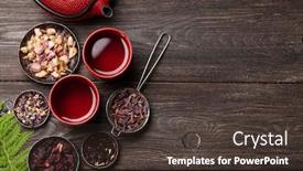  Presentation with tea cup - PPT theme having various-dry-herbal-tea-teapot background and a tawny brown colored foreground