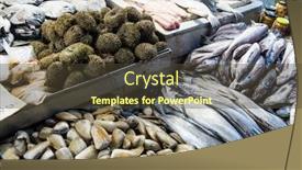  Presentation with market food - Slide deck having various fresh fish and sea food in the central market of santiago de chile background and a tawny brown colored foreground