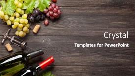  Presentation with corkscrew - PPT theme consisting of various-grapes-wine-bottles background and a dark gray colored foreground