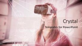  Presentation with points - PPT layouts with various graphs and connectivity points against graphic designer using virtual reality headset in office background and a lemonade colored foreground