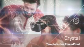  Presentation with points - Slide deck consisting of various graphs and connectivity points against business people speaking together background and a coral colored foreground