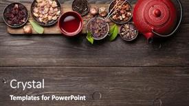  Presentation with tea cup - PPT theme having various-herbal-dry-tea-teapot background and a dark gray colored foreground