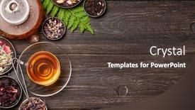  Presentation with herbal - Presentation design featuring various-herbal-dry-tea-teapot background and a tawny brown colored foreground