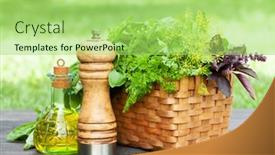  Presentation with olive oil - PPT theme featuring various-herbs-in-basket-olive background and a mint green colored foreground