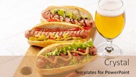  Presentation with cutting board - Presentation having various-hot-dog-and-beer and a  colored foreground