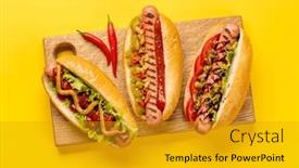  Presentation with hotdog corn dog street junk - Theme consisting of various-hot-dog-homemade-hotdogs background and a gold colored foreground
