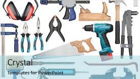  Presentation with press tool - Presentation design with various isolated hand tool background and a light blue colored foreground