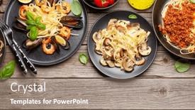  Presentation with pasta sauce - PPT theme with various-italian-pasta-seafood-mushroom background and a coral colored foreground