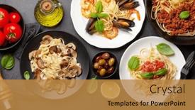  Presentation with pasta sauce - Slide set consisting of various-italian-pasta-seafood-mushroom background and a  colored foreground