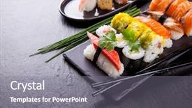  Presentation with snack gluten free food various - Cool new PPT theme with various kinds of sushi food backdrop and a gray colored foreground