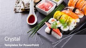  Presentation with sushi - Theme enhanced with various kinds of sushi food background and a  colored foreground