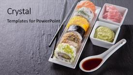  Presentation with sushi - Presentation theme having various kinds of sushi food background and a light gray colored foreground